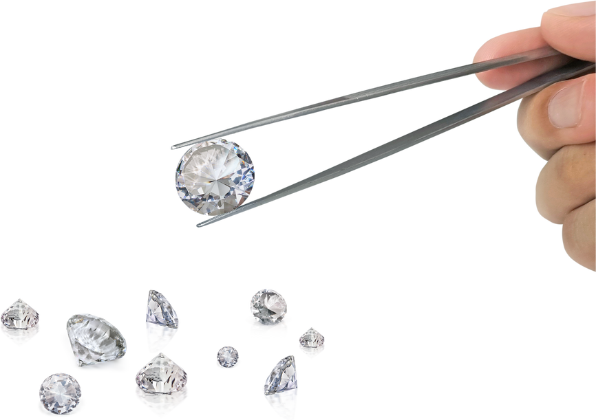 Select cut diamond in diamond tweezers, transparent background